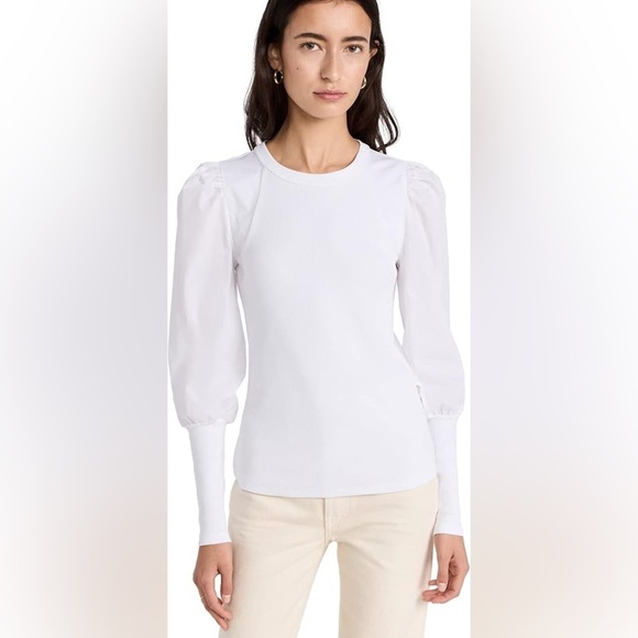 Veronica Beard Lyon Top White Ribbed Puff Long Sleeve Top - Picture 3 of 11